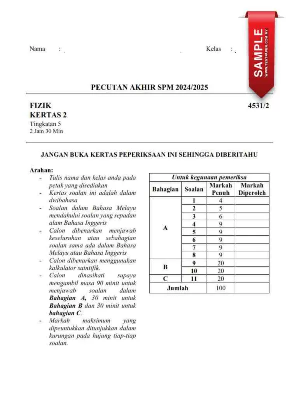 Soalan Latihan Fizik SPM Kertas 1 dan 2 2024