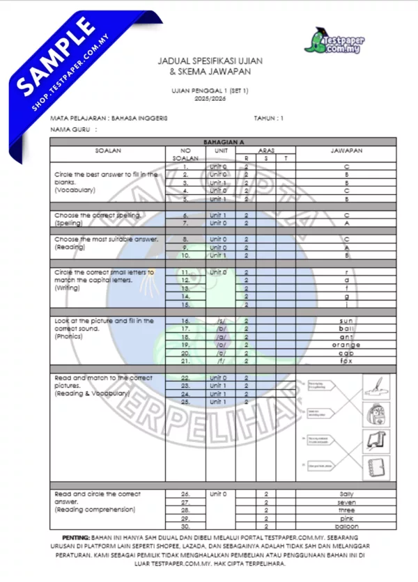 Bahasa Inggeris Tahun 1 Ujian Sumatif 1