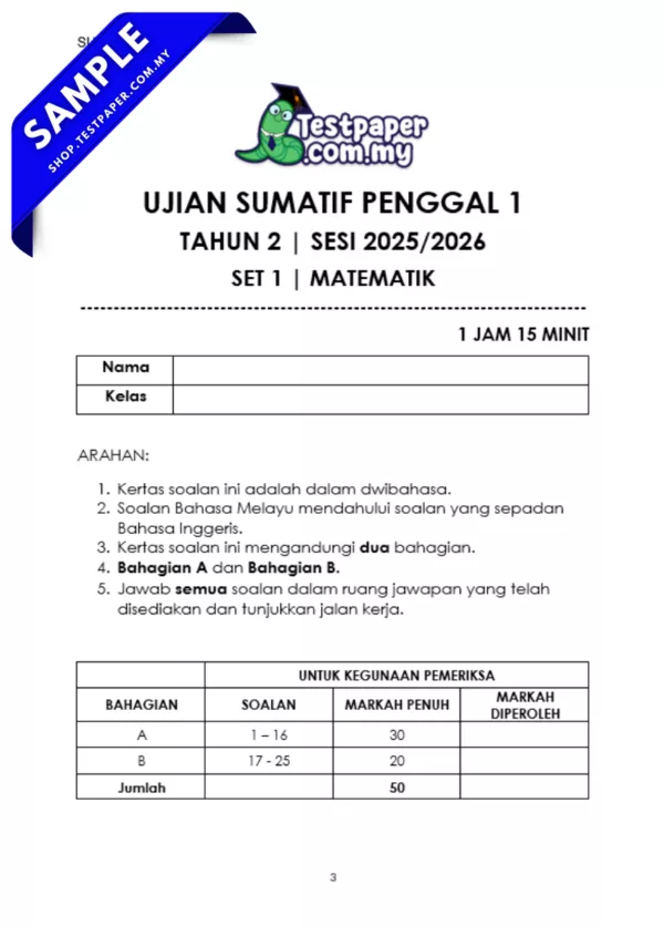 Koleksi Ujian Sumatif Tahun 2 Penggal 1 2025 Pelbagai Subjek