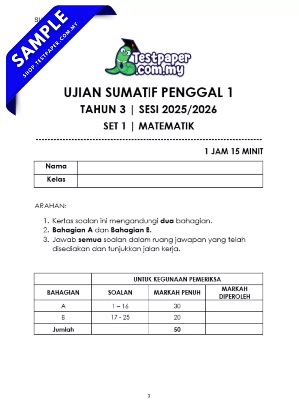 Himpunan Soalan Matematik Tahun 3 Ujian Sumatif penggal 1 2025 KSSR