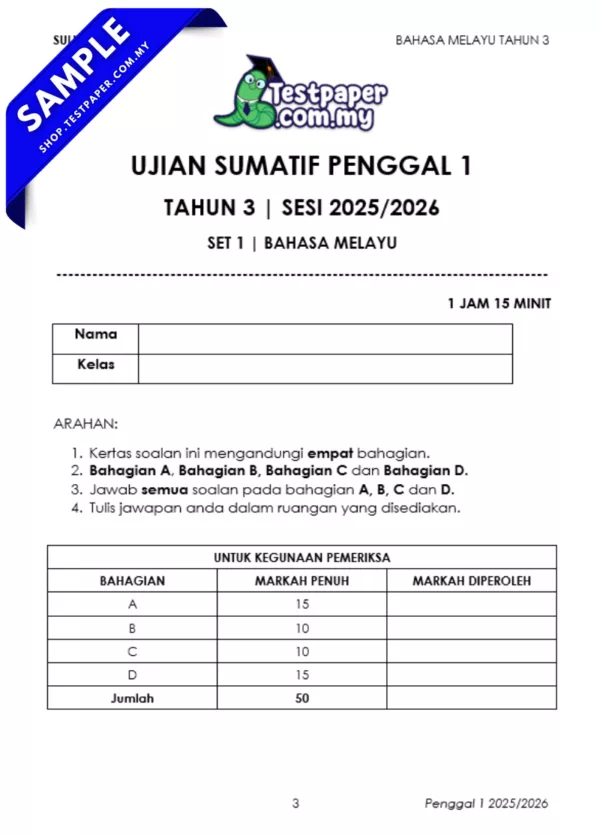 Latihan Ujian Tahun 3 Sumatif 1/2025 Dengan Skema Jawapan