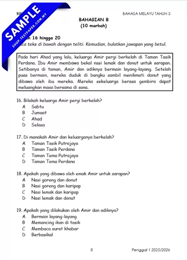 Kertas Ujian Bahasa Melayu Tahun 3 Sumatif 1/2025 Mengikut KSSR