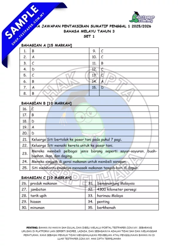 Latihan Ujian Tahun 3 Sumatif 1/2025 Dengan Skema Jawapan