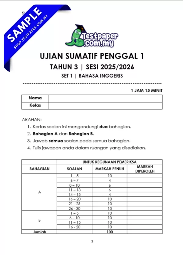 Latihan Ujian Tahun 3 Sumatif 1/2025 Dengan Skema Jawapan
