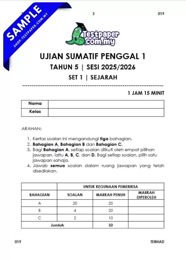 Soalan Sejarah Tahun 5 Sumatif 1