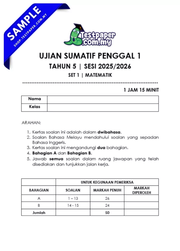 Bahan Exam Matematik Tahun 5 Sumatif Penggal Pertama 2025 Versi Baharu