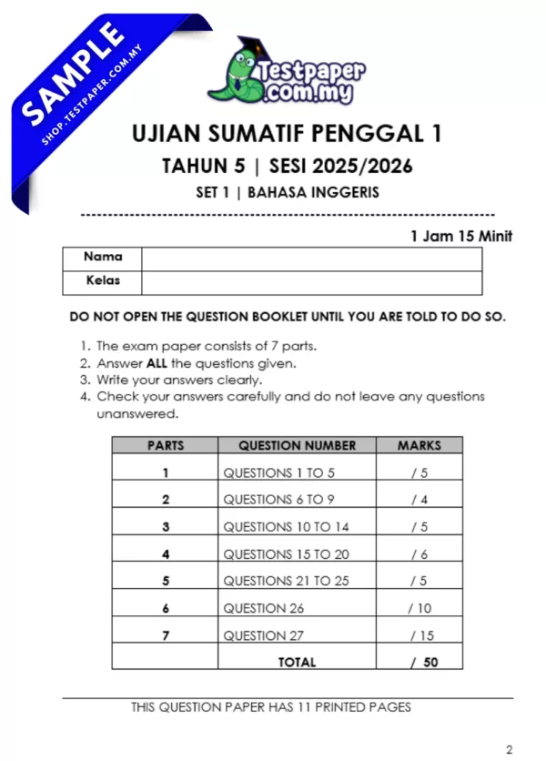 Exam Bahasa Inggeris Tahun 5 Sumatif