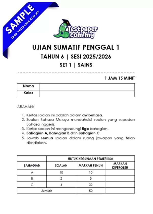 Rujukan Ujian Sumatif Tahun 6 Penggal 1 2025 Disediakan Mengikut Subjek