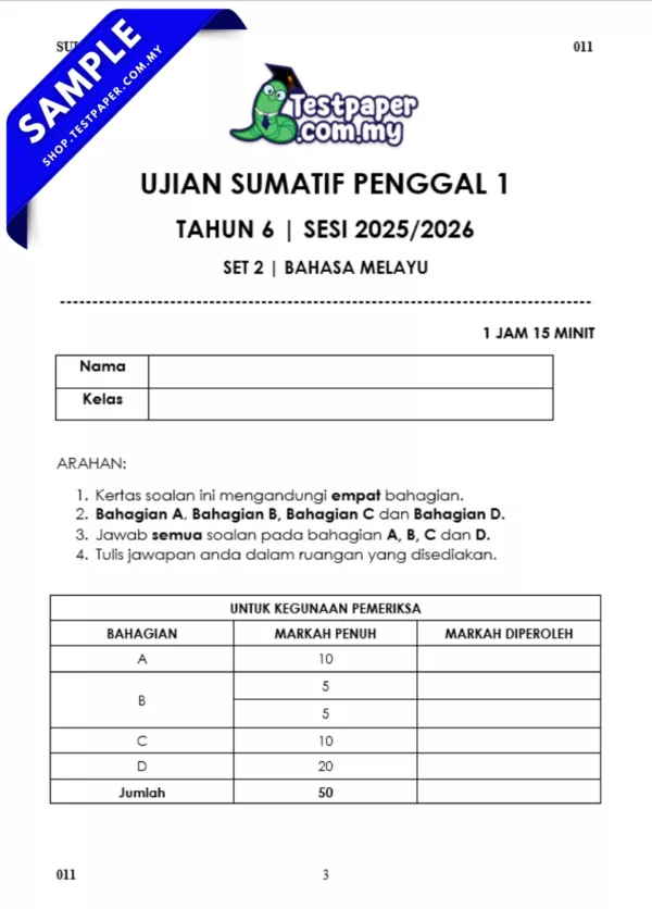Rujukan Ujian Sumatif Tahun 6 Penggal 1 2025 Disediakan Mengikut Subjek