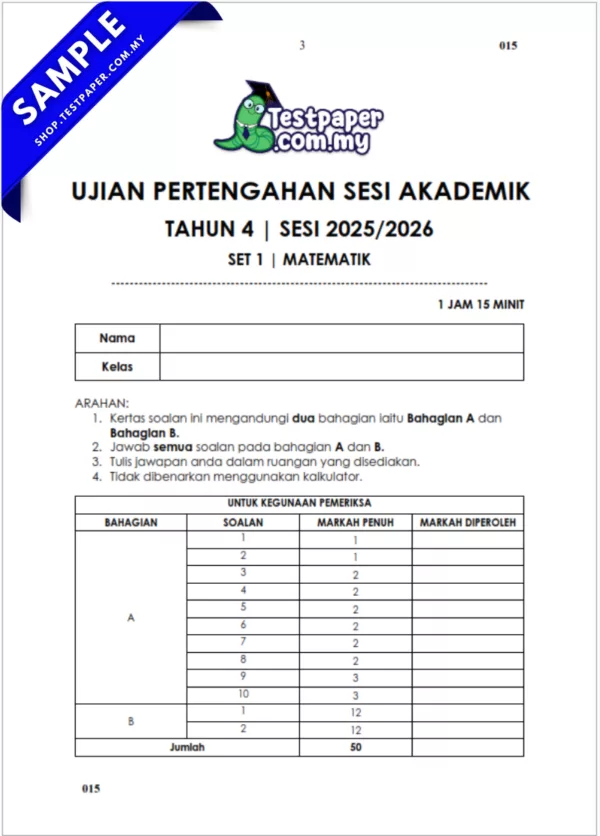 Sumber Ujian Matematik UPSA Tahun 4 2025/2026 Dengan JSU
