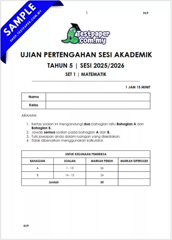 Dokumen Soalan UPSA Matematik Tahun 5 2025-2026 Disediakan JSU Bersama Jawapan