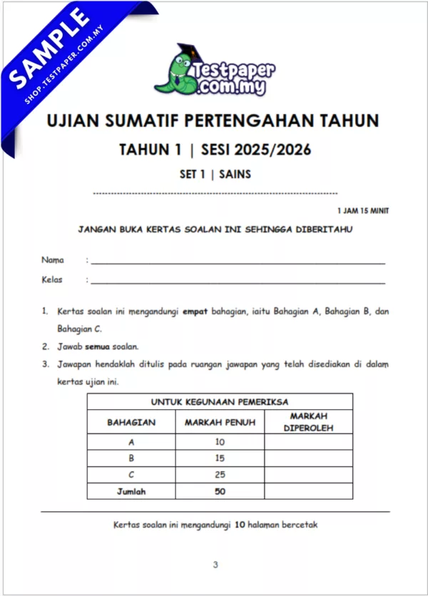 Sumber Ujian Sains Tahun 1 Pertengahan Tahun 2025/2026 Terdapat Format PDF dan Word Serta JSU