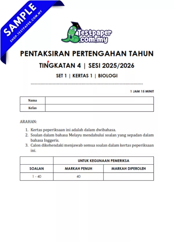 Kertas Ujian Biologi Tingkatan 4 Pertengahan Tahun 2025-2026 Dengan Format Pilihan JSU