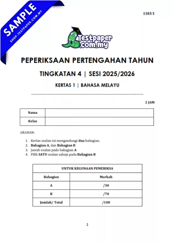 Soalan-Soalan Tingkatan 4 Pertengahan Tahun 2025/2026 Pelbagai Subjek Dengan Pilihan JSU