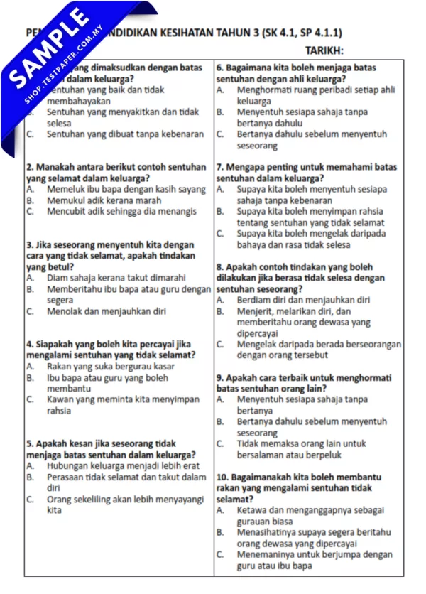 Soalan Pendidikan Kesihatan Objektif Tahun 3