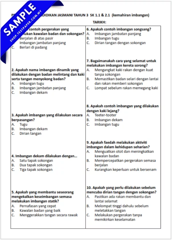 Soalan Pendidikan Jasmani Objektif Tahun 3