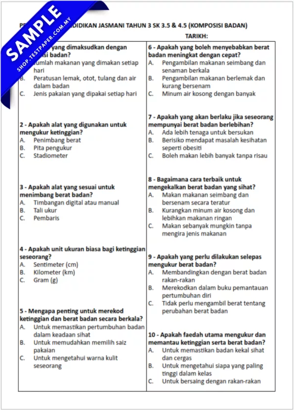 Soalan Pendidikan Jasmani Objektif Tahun 3