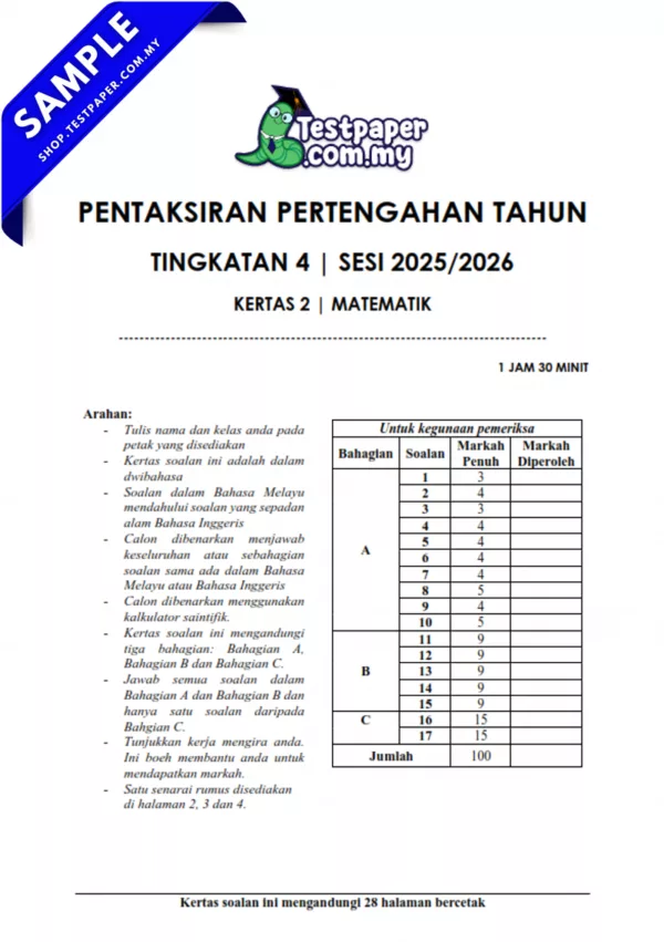 Rujukan Ujian Pertengahan Tahun Matematik Tingkatan 4 2025/2026 Dalam Format JSU-Word-PDF