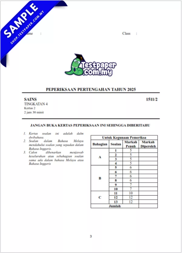 Muat Turun Soalan Sains Tingkatan 4 Pertengahan Tahun 2025/2026 Dengan Tawaran JSU