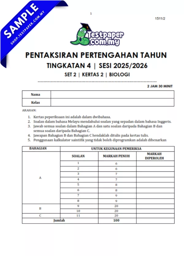 Kertas Ujian Biologi Tingkatan 4 Pertengahan Tahun 2025-2026 Dengan Format Pilihan JSU