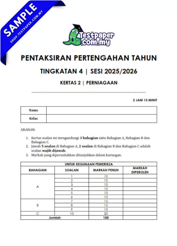 Akses Ujian Pertengahan Tahun Perniagaan Tingkatan 4 2025-2026 Terdapat Pilihan JSU dan 2 Format Lain