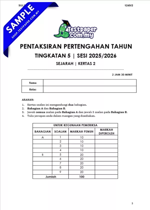 Koleksi Soalan Sejarah Tingkatan 5 Pertengahan Tahun 2025-2026 Dengan Adanya JSU, Word dan PDF