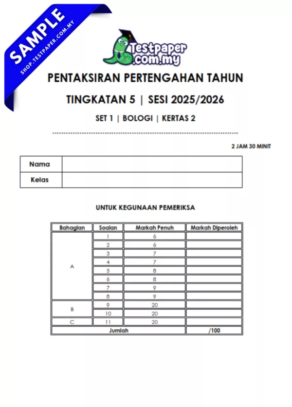 Bahan Ujian Biologi Tingkatan 5 Pertengahan Tahun 2025/2026 Dalam Format JSU,PDF dan Word
