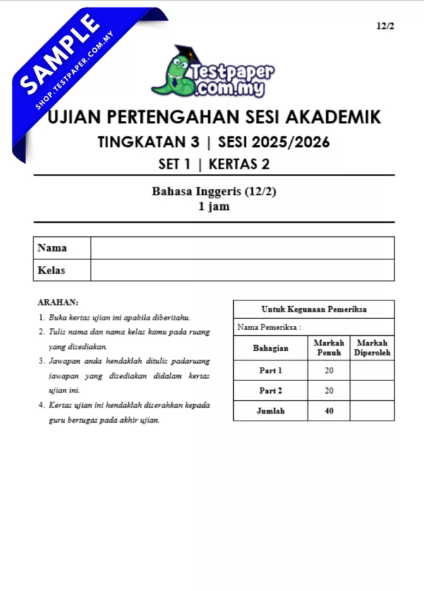 Muat Turun UPSA BI Tingkatan 3 2025/2026 Dengan JSU Mengikut Format UASA