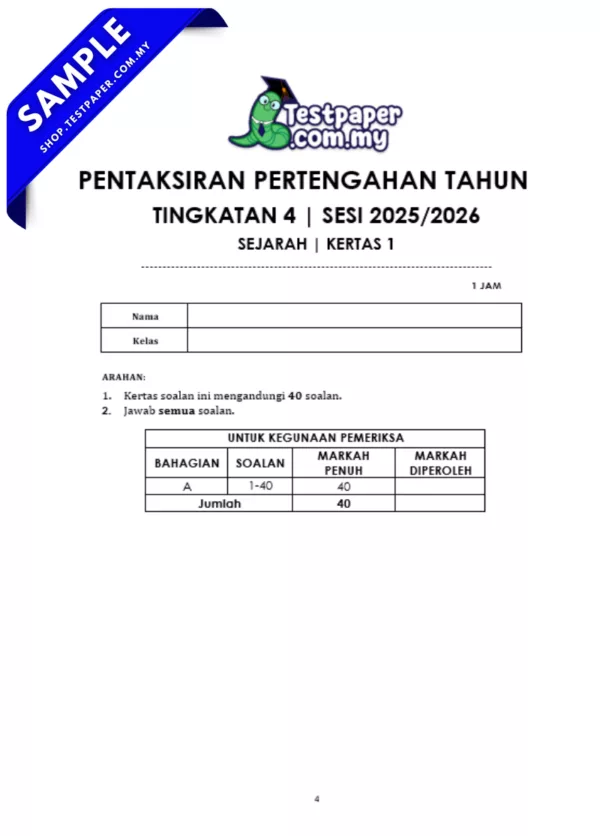 Soalan-Soalan Tingkatan 4 Pertengahan Tahun 2025/2026 Pelbagai Subjek Dengan Pilihan JSU