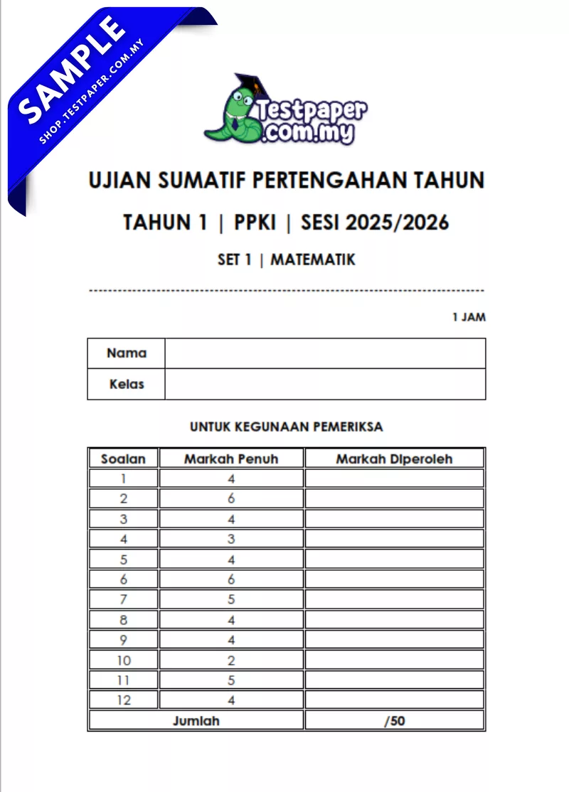 Modul Ujian Matematik Tahun 1 PPKI Pertengahan Tahun 2025-2026 USPT