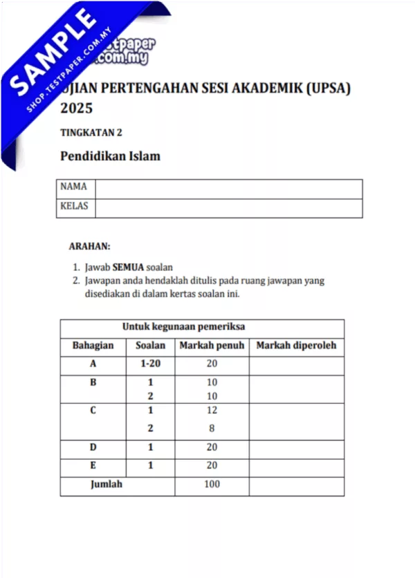 Koleksi UPSA Pendidikan Islam Tingkatan 2 2025-2026 Berserta JSU dan Word