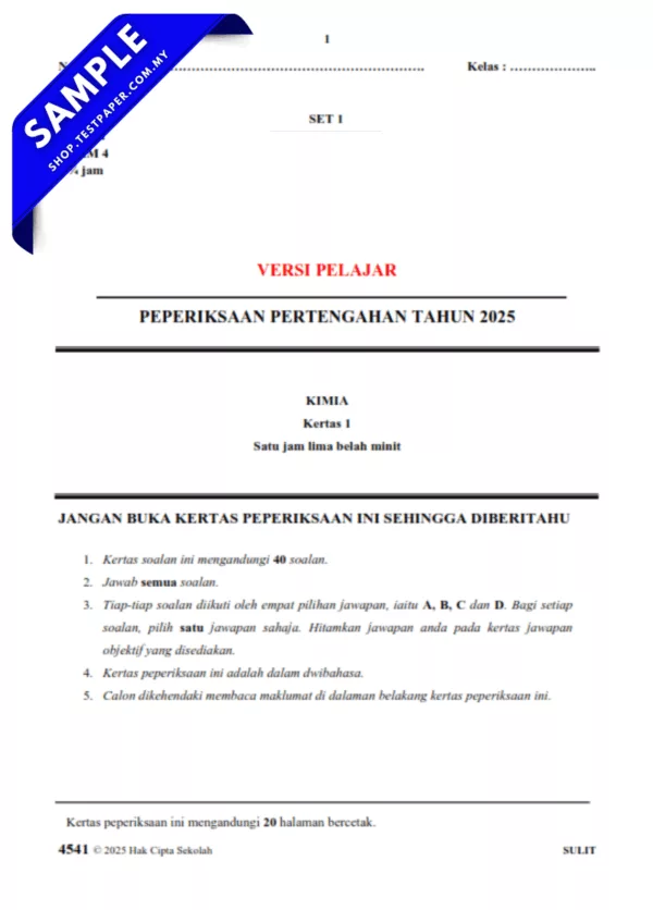 Rujukan 2 Set Soalan Kimia Tingkatan 4 2025-2026 Pertengahan Tahun