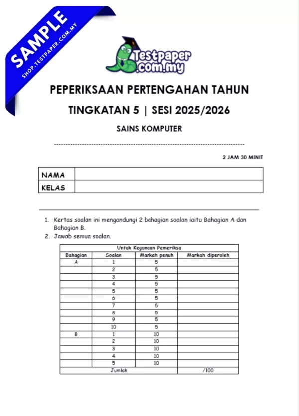 Soalan UPSA Sains Komputer Tingkatan 5 2025-2026 Dalam JSU-PDF dan Word
