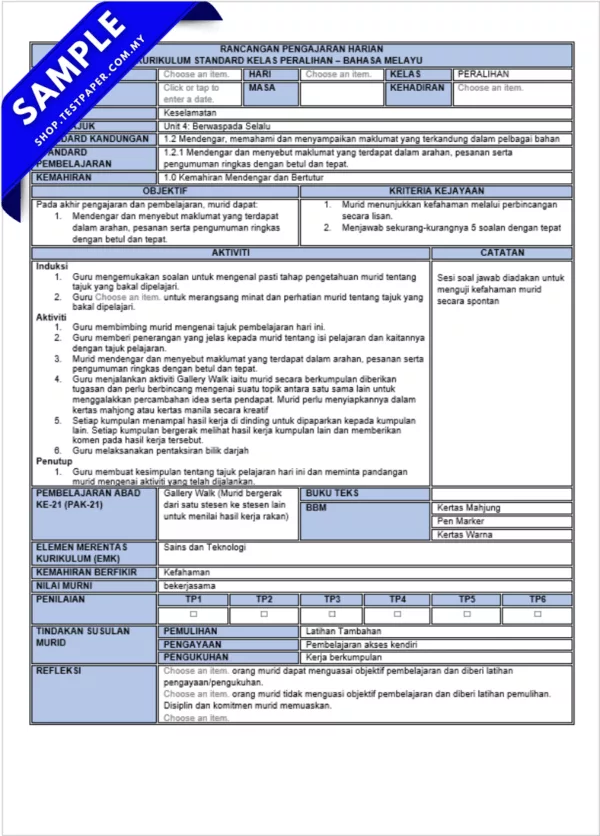 Download RPH Peralihan BM KSKP Serta RPT Lengkap Setahun Boleh Edit