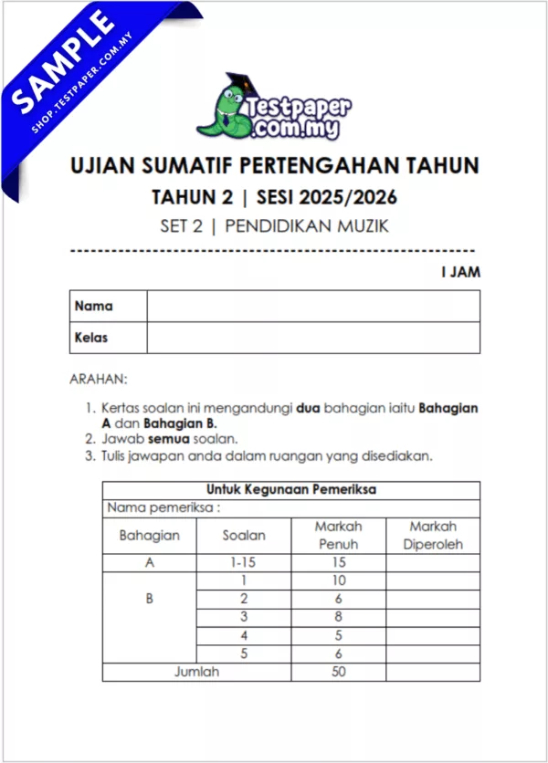 Soalan Pertengahan Tahun Muzik Tahun 2 2025-2026 Ada Word dan PDF