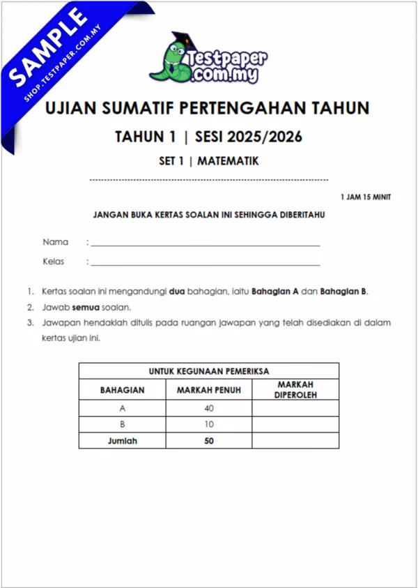 Dapatkan Ujian Matematik Tahun 1 Pertengahan Tahun 2025-2026 USPT Dengan Pilihan JSU