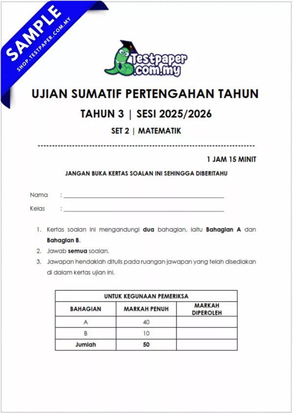Soalan Matematik Tahun 3 Pertengahan Tahun 2025-2026 USPT Dengan Jadual Spesifikasi Ujian (JSU)