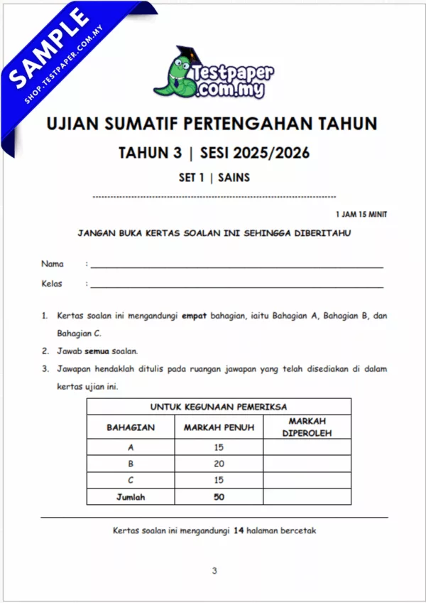Dapatkan Ujian Pertengahan Tahun Sains Tahun 3 2025-2026 Ada Word-PDF dan JSU