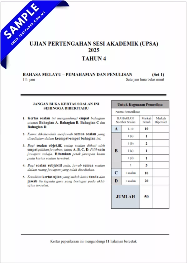 Dapatkan Ujian BM Tahun 4 Pertengahan Tahun 2025-2026 UPSA Disertakan Dengan Word