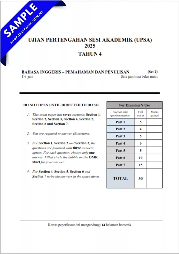 Soalan UPSA BI Tahun 4 Pertengahan Tahun 2025-2026 PDF dan Word