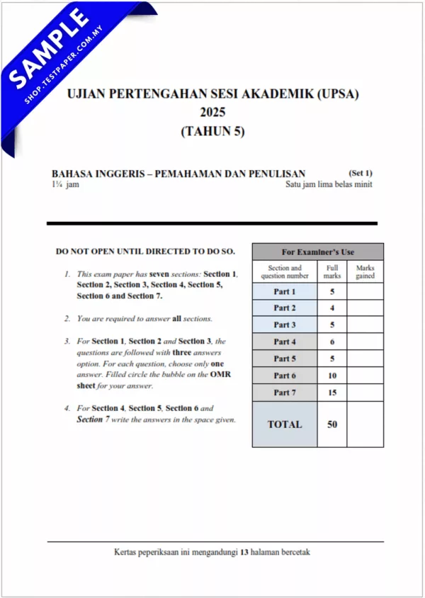 Modul Soalan UPSA Bahasa Inggeris Tahun 5 2025-2026 PDF dan Word Terkini