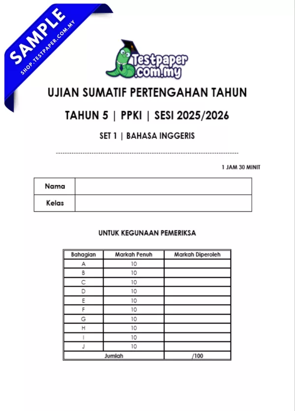 Bahan Soalan UPSA Bahasa Inggeris Tahun 5 PPKI 2025-2026 Dengan Word Serta PDF