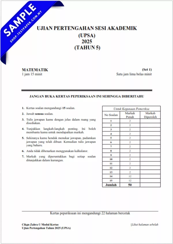 Koleksi Soalan UPSA Matematik Tahun 5 2025-2026 Pertengahan Tahun Dengan Word Serta PDF