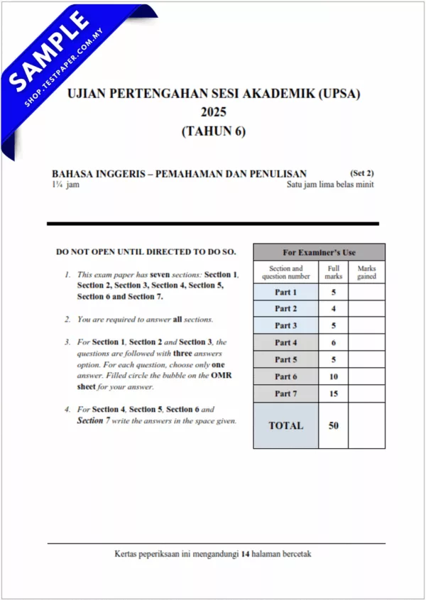 Download Ujian Bahasa Inggeris UPSA Tahun 6 2025-2026 Dalam Bentuk Word