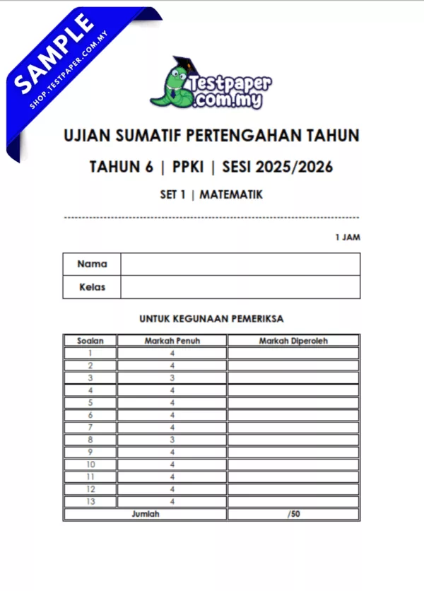 Dokumen Ujian Matematik Tahun 6 PPKI 2025-2026 Pertengahan Tahun Word PDF