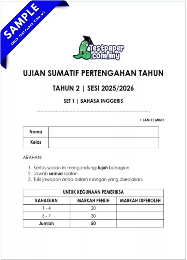 Himpunan Soalan Ujian Tahun 2 Pertengahan Tahun 2025-2026 USPT Mengikut Format KSSR