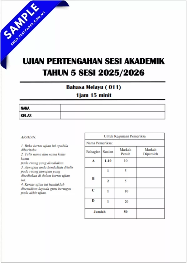 Soalan UPSA BM Tahun 5 SJKC 2025-2026 Dalam Bentuk PDF Pertengahan Tahun