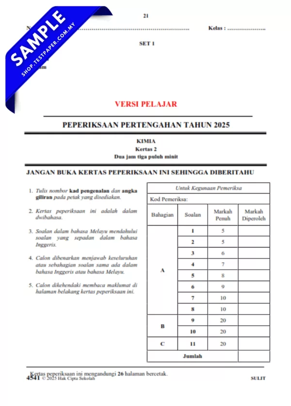 Rujukan 2 Set Soalan Kimia Tingkatan 4 2025-2026 Pertengahan Tahun