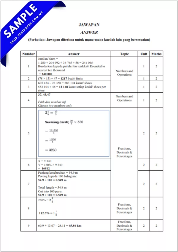 Koleksi Soalan UPSA Matematik Tahun 5 2025-2026 Pertengahan Tahun Dengan Word Serta PDF