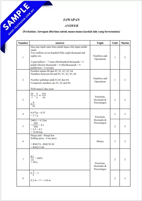 Dapatkan Soalan Matematik UPSA Tahun 6 2025-2026 Pertengahan Tahun Word dan PDF